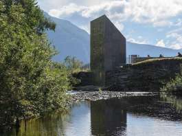 The building is expressed as taking a piece out of the rock and moving it to the opposite side of the river : Photo credit © Steinar Skaar